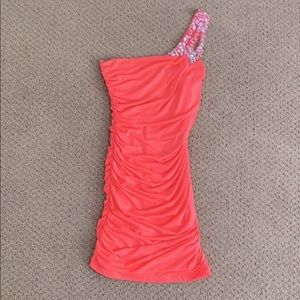 Macy’s One shoulder Barbie neon pink prom dress